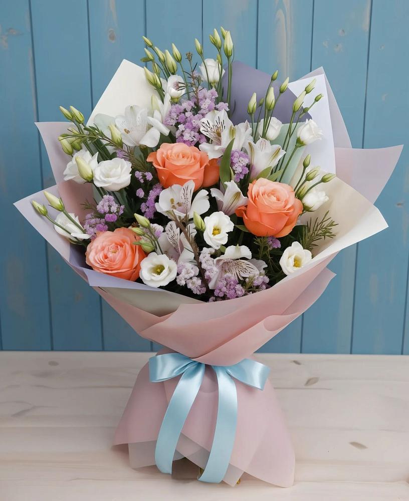 Букет цветов из: Лизиантусы, Розы, Альстромерии и Гипсофила в Змейской